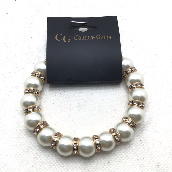Couture Gems Womens 10mm Faux Pearl Rhinestone Stretch Bracelet - Picture 2 of 4